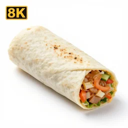 sleek burrito, 8k product photo, isolated on a pure white background, centered, entire object in frame, sharp focus, soft studio lighting