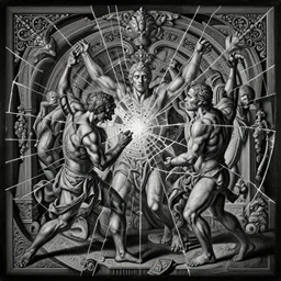 the best lack all conviction while the worst are full passionate intensity, by m. c. escher, painting, dark, backlight, insanely detailed and intricate, hypermaximalist, elegant, ornate, hyperrealistic, super detailed, seen through broken glass, battle of good versus evil