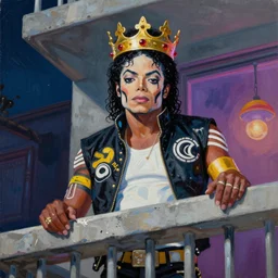 palette knife oil painting portrait of michael jackson, a king - with gold crown with rubies, man in mafia wear and australian aboriginal body paint, concrete balcony, nightclub, artstation trending, artgerm, any racial background, deviant art, hipster, octane, substance, art history 8 k
