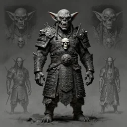 goblin, wearing mongolian tribal armor, skull amulet, beksinski and moebius, dark tone, gritty, fanged imp, full body concept, stone texture, beksinski, ruan jia, moebius, lois van baarle, dark soul concept art