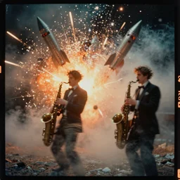 kodak portra 4 0 0, wetplate, muted colours, orange and teal, jazz combo, 1 9 1 0 s style, motion blur, portrait photo of a backdrop, explosions, rockets, bombs, sparkling, glitter, snow, fog, by georges melies and by britt marling