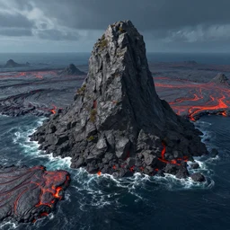 a rocky outcrop over an ocean of lava in hell, digital landscape art, fantasy concept art, 4k, trending on artstation