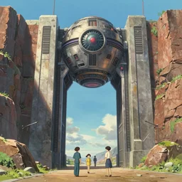 canyon with giant gate entrance, nuclear powered, detailed, futuristic, cory loftis, james gilleard, atey ghailan, makoto shinkai, goro fujita, studio ghibli, rim light, exquisite lighting, clear focus, very coherent, plain background