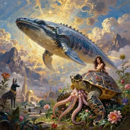 fantasy oil painting, great leviathan, cybernetic turtle cephalopod terrapin reptilian pachyderm squid, bella hadid, hybrid, milla jovovich, anubis epic islamic city, natural light, lush plants flowers, spectacular mountains, bright clouds, luminous sky, outer worlds, golden hour, michael cheval, edward hopper, michael whelan, vray, hd