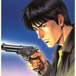 glossy old advertising poster of a man looking down the barrel of a gun, night, drawn comic by junji ito, pastels, gradient,