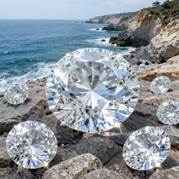 high detail, huge diamonds on a coast