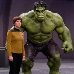 The Hulk, in starfleet uniform, in the role of Captain Kirk in a scene from Star Trek the original series