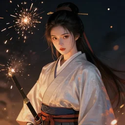 beatiful female samurai in front of sparks in the style of Raymond Swanland, cinematic, artstation