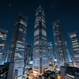 hyper futuristic japan cityscape with massive skyscrapers, night time scene, sparkling stars in the night time sky