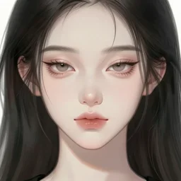 portrait of a beautiful elgant young adult with a heart shaped face, pale ivory skin, downturned hazel eyes, button nose, thin light pink lips, natural straight eyebrows, long thin black hair, intricate facial features, anime, fantasy, digital painting, trending on artstation, deviant art, by wlop