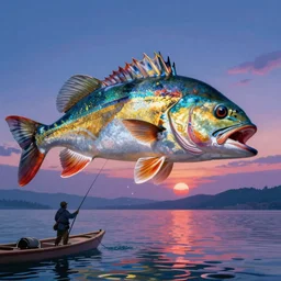 a beautiful painting of gigantic seabass fishing, gigantic, octane render, brilliantly coloured, intricate, ultra wide angle, trending on artstation, dusk, volumetric lighting, polished, micro details, ray tracing, 8k