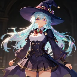 character sheet for a female for genshin impact by greg rutkowski, witch academia, magic school uniform, glowing light iridescent hair color, by studio ghibli, digital art, trending on artstation, hd, 8 k, highly detailed, good lighting, beautiful, masterpiece