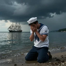 full body portrait of crying sad sailor on his knees on a beach standing, looking down into the water with angst into the dark abys with looming dark clouds above reflecting onto the water, sailingship far in the background, by greg rutkowski, octane render, unreal engine, 8 k highly detailed, intricate details, cinematic lighting