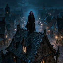a vampire stands on top of a village roof, looks down on street, night, fantasy, concept art, intricate detail, gothic