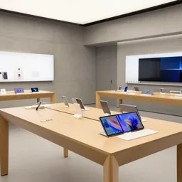 (mobiles and tablets on display on large tables in a wood and concrete flagship retail interior Samsung Microsoft Apple Zaha Hadid empty stools, lush verdant plants, colorful digital screens) XF IQ4, 14mm, f/1.4, ISO 200, 1/160s, 8K, RAW, unedited, symmetrical balance, architectural photography, in-frame