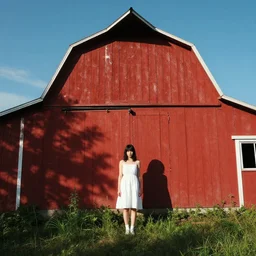 a young woman in the shadow! of a red barn!. black hair, white! dress, sharp focus, wide angle, art by wlop!!, trending on artstation
