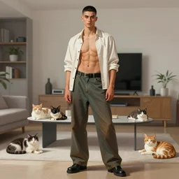 full body portrait of a single beautiful young fit man, modern haircut, open shirt, large pants. by greg rutkowski and alphonse mucha, d & d character, in front of a modern room background full of resting cats, highly detailed portrait, digital painting, artstation, concept art, smooth, sharp focus illustration, hq