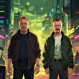 saul goodman and walter hartwell white in the cyberpunk : edgerunners, cartoon image, breaking bad, cyber city, wide shot,
