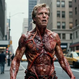tucker carlson body horror directed by david cronenberg, new york city background, limb mutations, swollen veins, red flesh strings, cinestill 8 0 0 t, 1 9 8 0 s movie still, film grain