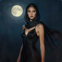 detailed portrait in daring femininity, ethnic, clear eyes, statuesque, gazelle - like, confident realistic face, dark gown and scarf, svelte fashion design, bathed in moonlight, chiaroscuro, radiant, impressionism, sense of motion, natural color scheme, contrasting highlights, contemporary, deep rich hues, illustration