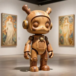 octane render ultra photorealistic hyper detailed, a very very cute wooden mystical statue robot tribal cyberpunk, trending on cgsociety, in a contemporary art gallery in neo tokyo artwork by alphonse mucha