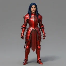 Lady in Red armor, Dark blue hair, gorgeous latina face, light brown skin, green eyes, practical armor, ornamental, symmetry, by donato giancola, by RossDraws, by leng jun, matte painting, D&D, high fantasy, full body picture, no extra limbs, no extra character, trending on artstation artstationHQ, artstationHD, octane, cgsociety, covered chest, neck to waist armor, realistic