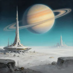 a gorgeous bleak and desolate sci - fi painting by john harris, sparth and greg rutkowski. tiffany blue, grey orange, white and golden. space base, beyond the horizon, future city skyline!! light effect. huge saturn. ultra clear detailed. 3 d, octane render. 8 k