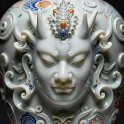Kraken, A Close up photo-real delicate ceramic porcelain sculpture of a symmetrical ornate detailed in front of an intricate background by Victo Ngai and takato yamamoto, micro detail, backlit lighting, face in focus, subsurface scattering, translucent, thin porcelain, octane renderer, colorful, physically based rendering, japanese pottery, trending on cgsociety