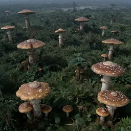 aerial photography of a 1 9 8 0 s science fiction world, overlooking a lush arid mushroom jungle landscape, sci - fi film still, screenshot from a science fiction movie, ridley scott