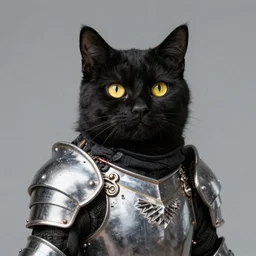 a black cat with yellow eyes wearing armor like a knight, high quality render, studio lighting