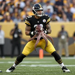 A photo of an octopus playing quarterback for the Pittsburgh Steelers