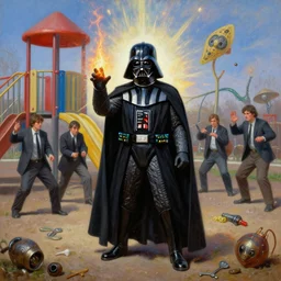 portrait oil painting, darth vader being arrested at a playground, casting a spell, ultra realistic, wide angle, intricate details, artifacts, luminous skies, highly detailed, michael cheval, peter mohrbacher, boris vallejo, jessica rossier, oil painting, highly detailed, cinematic lighting