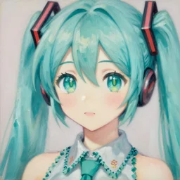 A delicate,soft and highly detailed painting of Hatsune Miku with sparkly anime eyes, chiaroscuro, masterpice painted by Claude monet, post-impressionism, thick impasto technique, paint-on-glass painting, pastel oil inks, very ethereal, vantablack chiaroscuro, paint-on-glass painting, oil inks, very ethereal, silver light, nacre colors