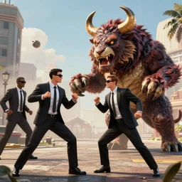 men in black fighting a giant minotaur, poser render fighting game