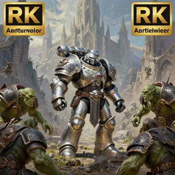 stylistic vray 3 d render of sidescrolling shooter robotech warhammer, silver ornate armor warrior, green orcs surrounding him, mountains and giant gothic abbeys in the background!!!, hyperrealism, fine detail, 8 k, artsation contest winner, fantasy art, brush strokes, oil, canvas, by mandy jurgens and michael whelan