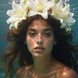 perfectly feminine face!! underwater photography full body portrait of a dark skin mermaid goddess blessed by nature, white lily sunlight crown, underwater, intricate, sensual features, dewy skin, reflective skin, highly detailed, divine holy perfection!! digital painting, artstation, concept art, smooth, sharp focus, warm lighting, illustration, art by artgerm and greg rutkowski and alphonse mucha