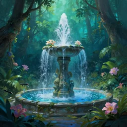 immortality fountain, in the jungle. bloom, blue green lighting. fantasy, digital painting, hd, detailed.