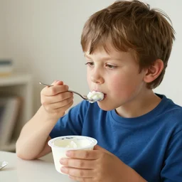boy eating greek yoghurt photo