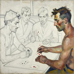 oil painting in the style of john craxton sailors. playing cards. seated figure hands on table. strong expressions on faces. cheekbones. aesthetics to ivon hitchins. line drawing on painting, brush marks