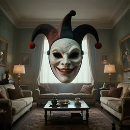 a strange floating alien blob wearing a large creepy jester mask hovering in the living room, film still from the movie directed by denis villeneuve with art direction by zdzisław beksinski, wide lens