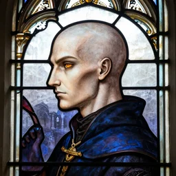 gothic stained glass window, detailed side - view portrait of a bald witcher, amber cat eyes, v - shaped head scar, detailed and masterful, backlit