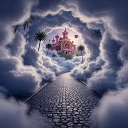 curled perspective digital art of curvy clouds cobblestone street to a casino in top of a hill with palmtrees by anton fadeev from nightmare before christmas