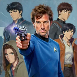 : aesthetic portrait commission of badass ZACHARY QUINTO SPOCK pointing a ray gun at the viewer + FUTURISTIC + wearing blue star trek suit + HYPERDETAILED + 2022 award winning painting + character design by charlie bowater + Ross tran + artgerm + makoto shinkai + UPSCALED