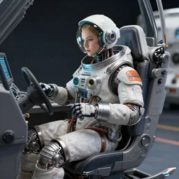 mechanical space pilot wired into her cockpit, artstation render 0.0000001