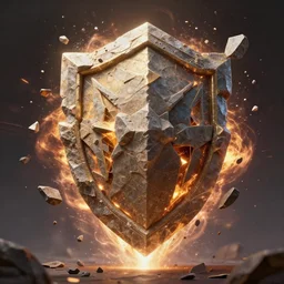 explosion of magical stone shield into fragments, fantasy, style artstation, style greg rutkowsk, octane render, unreal engine 6, epic game graphics, fantasy, conceptual art, ray tracing