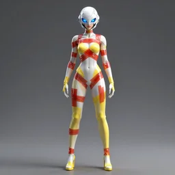 a full body character design by loish, hong soonsang, tooth wu and zeen chin white and yellow tape and red translucent plastic tape attctive showgirl!! sci - fi helmet with blue glowing eyes!! sharp edges. contour light!! ultra detailed, elegant, intricate, octane render.
