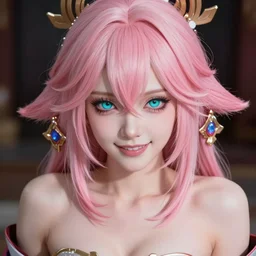 stunningly beautiful omnipotent megalomaniacal anime goddess with porcelain skin, pink hair and mesmerizing cyan eyes, symmetrical perfect face smiling in a mischievous, devious and haughty way while looking down upon the viewer, mid view, hyperdetailed, unreal engine 5, 8 k