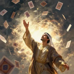man in robes throwing mamluk cards into the air, cards in the breeze, fantasy art by greg rutkowski