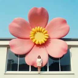 giant flower head, girl standing, 1 9 6 0 window, surreal photography, symmetry, mid century, flat perspective, bright colours, blue sky, realistic, wes anderson