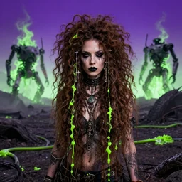 highly detailed portrait of a lonely wasteland punk long dripping curly brown nuclear hair tribal lady, stray neon green sludge hoses by atey ghailan, james gilleard, by joe fenton, by greg rutkowski, by greg tocchini, by kaethe butcher, 4 k resolution, gradient purple, brown black and white color scheme!!! ( ( green flaming robotic sewer background ) )